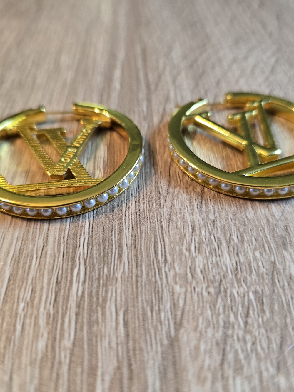 Gold Large Logo Hoop Earrings with Pearl Accent - Designer Style - Picture 5 of 10